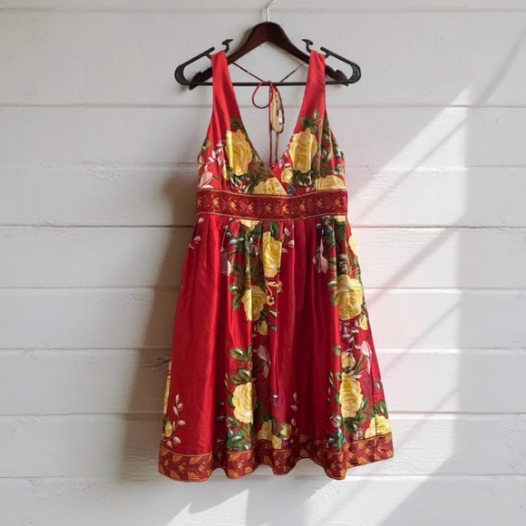 🍁Floral Red Dress with Yellow Accents and Red Beading Fall Dress - Picture 1 of 13